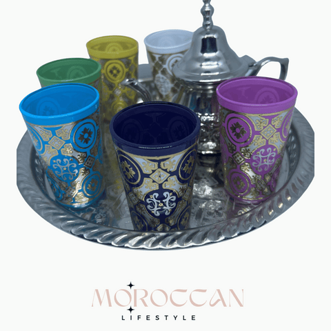 Premium Set of 6 Moroccan Tea Glasses Artisanal Hand painted - مجموعة  بريميوم من 6 أكواب شاي مغربية مرسومة يدويًا